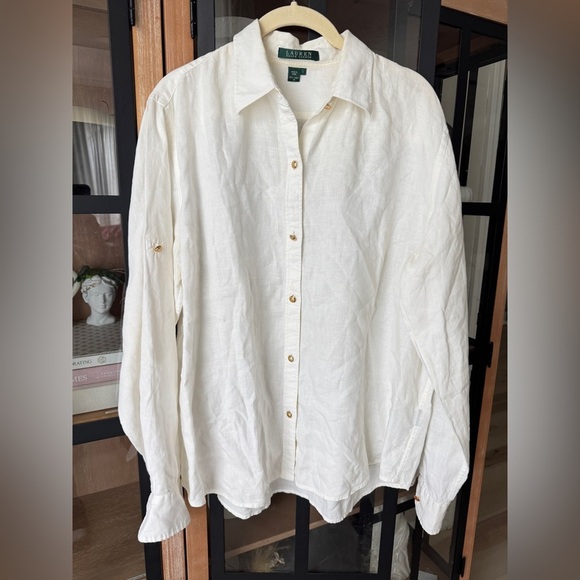 Vintage Ralph Lauren linen button down shirt embroidered monogram logo collar - Picture 1 of 12